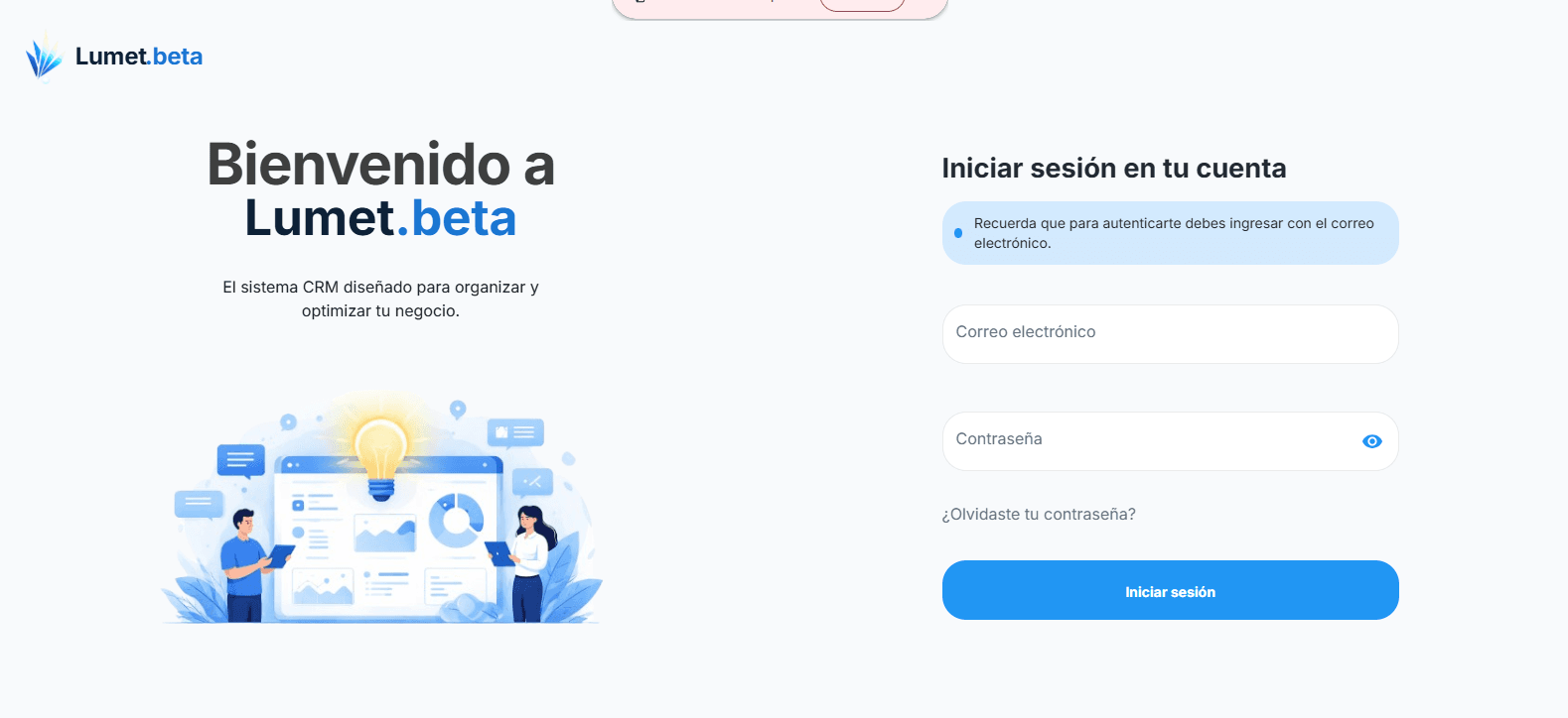Pantalla de inicio de sesión de Lumet.beta.